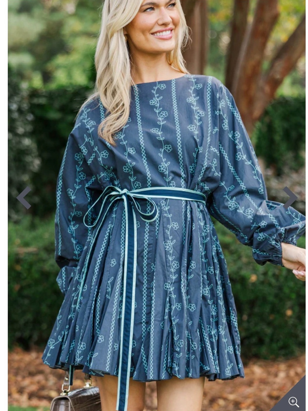 Pleated Navy Blue Floral-Stripe Tie-Waist Mini Dress